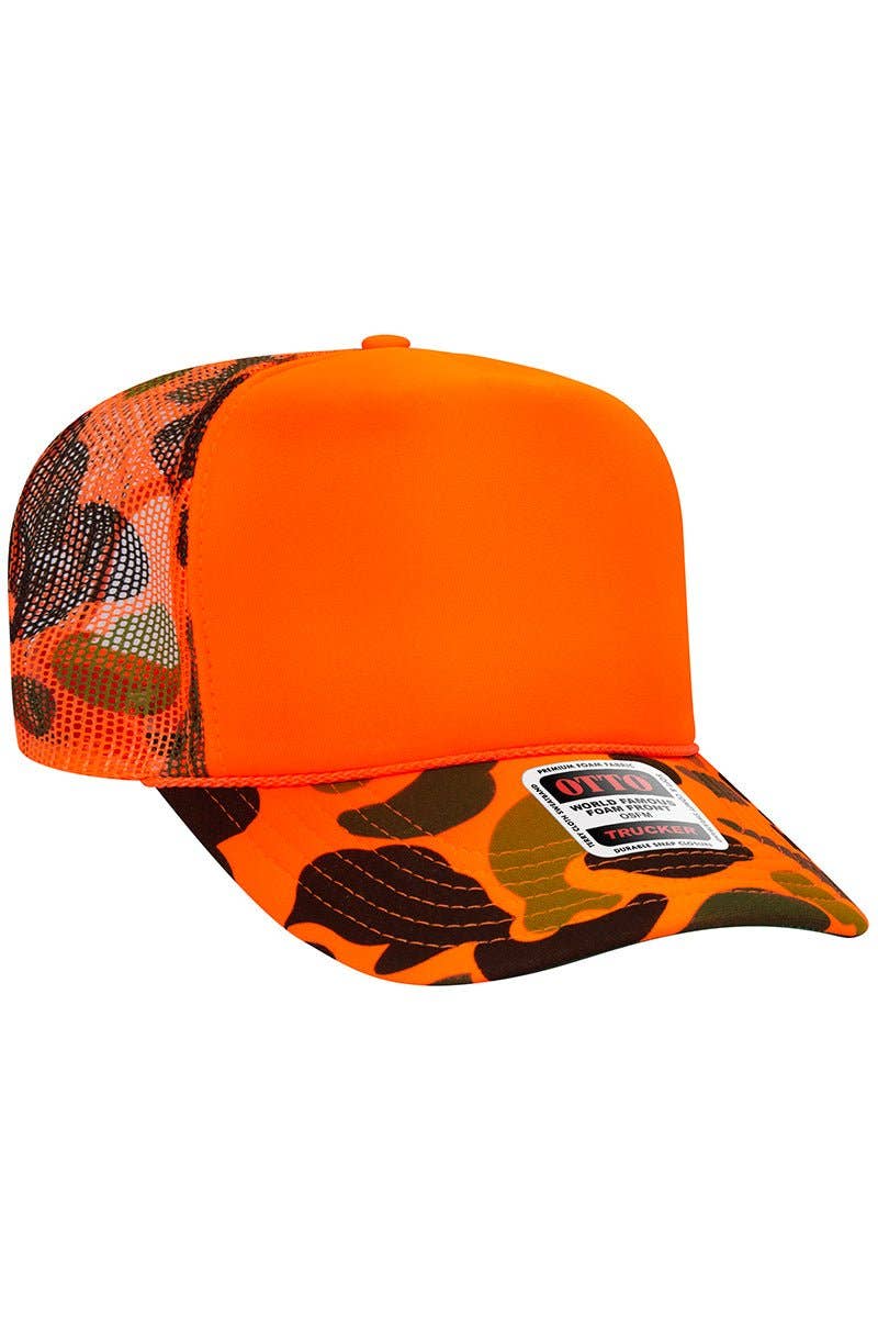 OTTO Neon Orange Camo with Solid Foam Front High Crown Trucker Hat