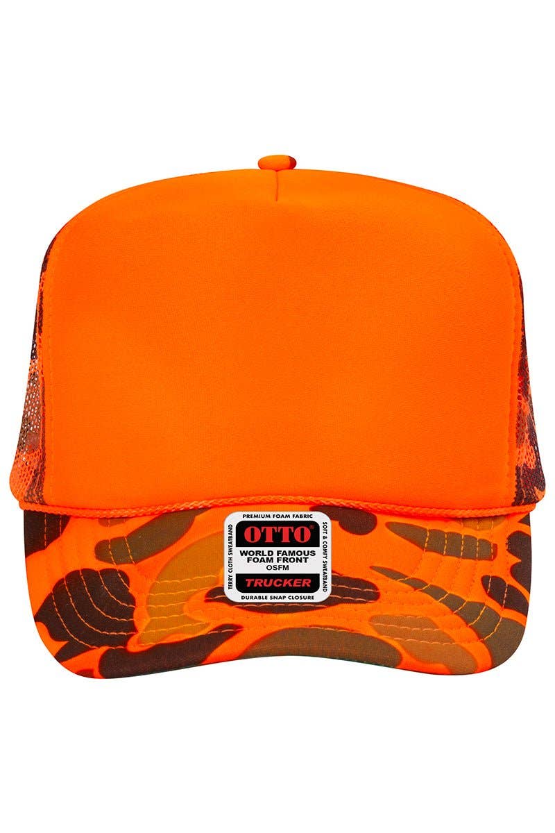 OTTO Neon Orange Camo with Solid Foam Front High Crown Trucker Hat