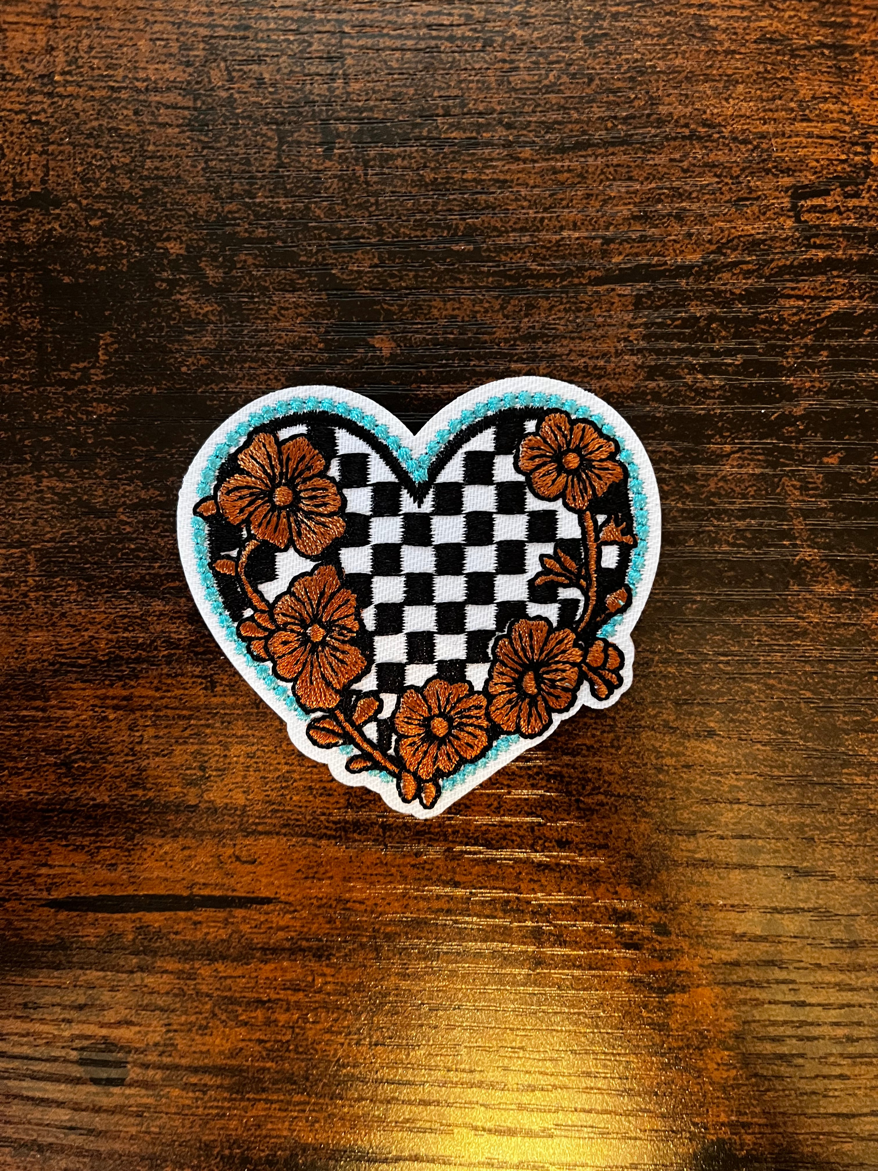 Turquoise, Tooled Flowers, Checkered Heart Hat Patch