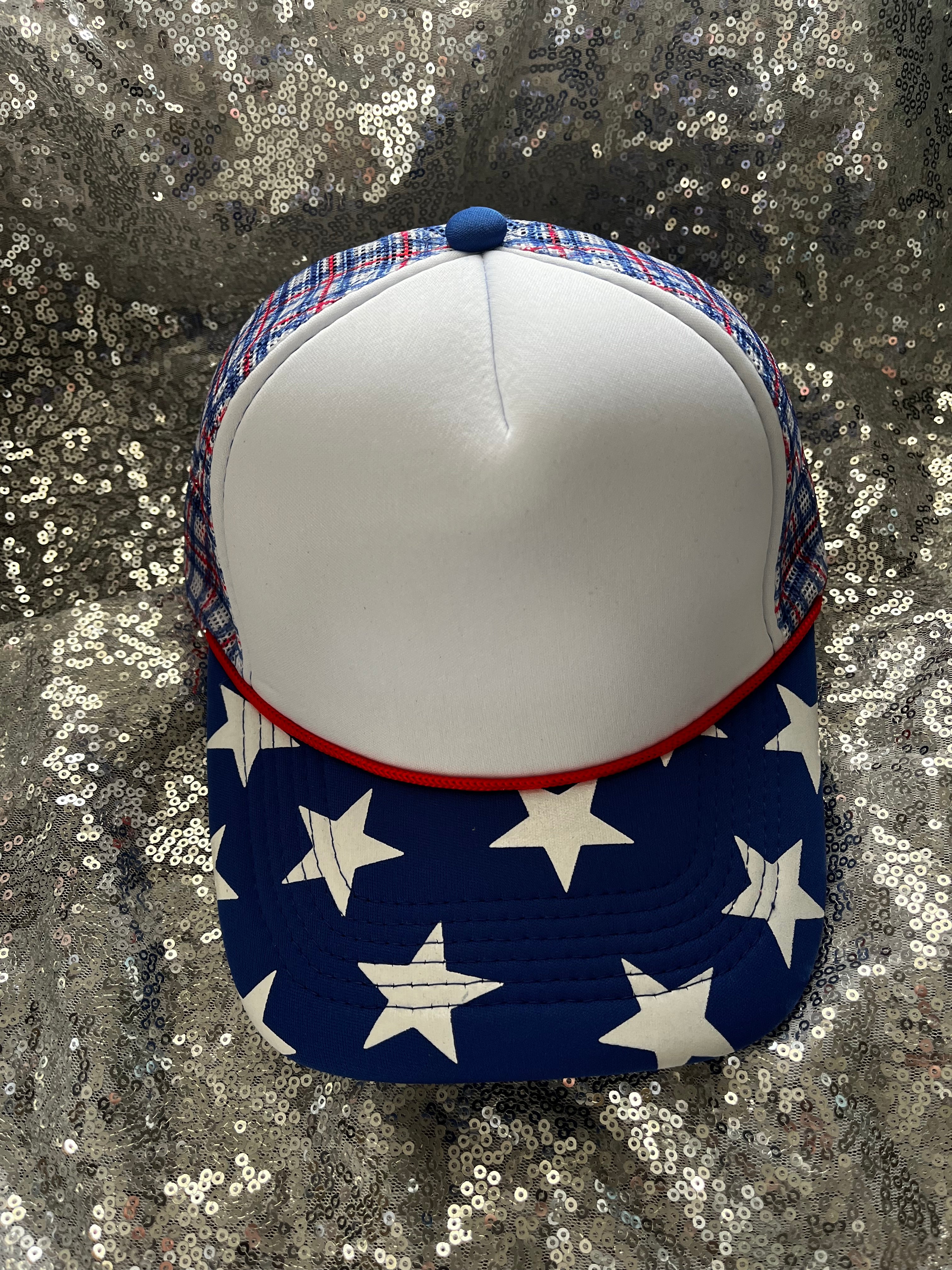 Star/Plaid Trucker Hat: Blue