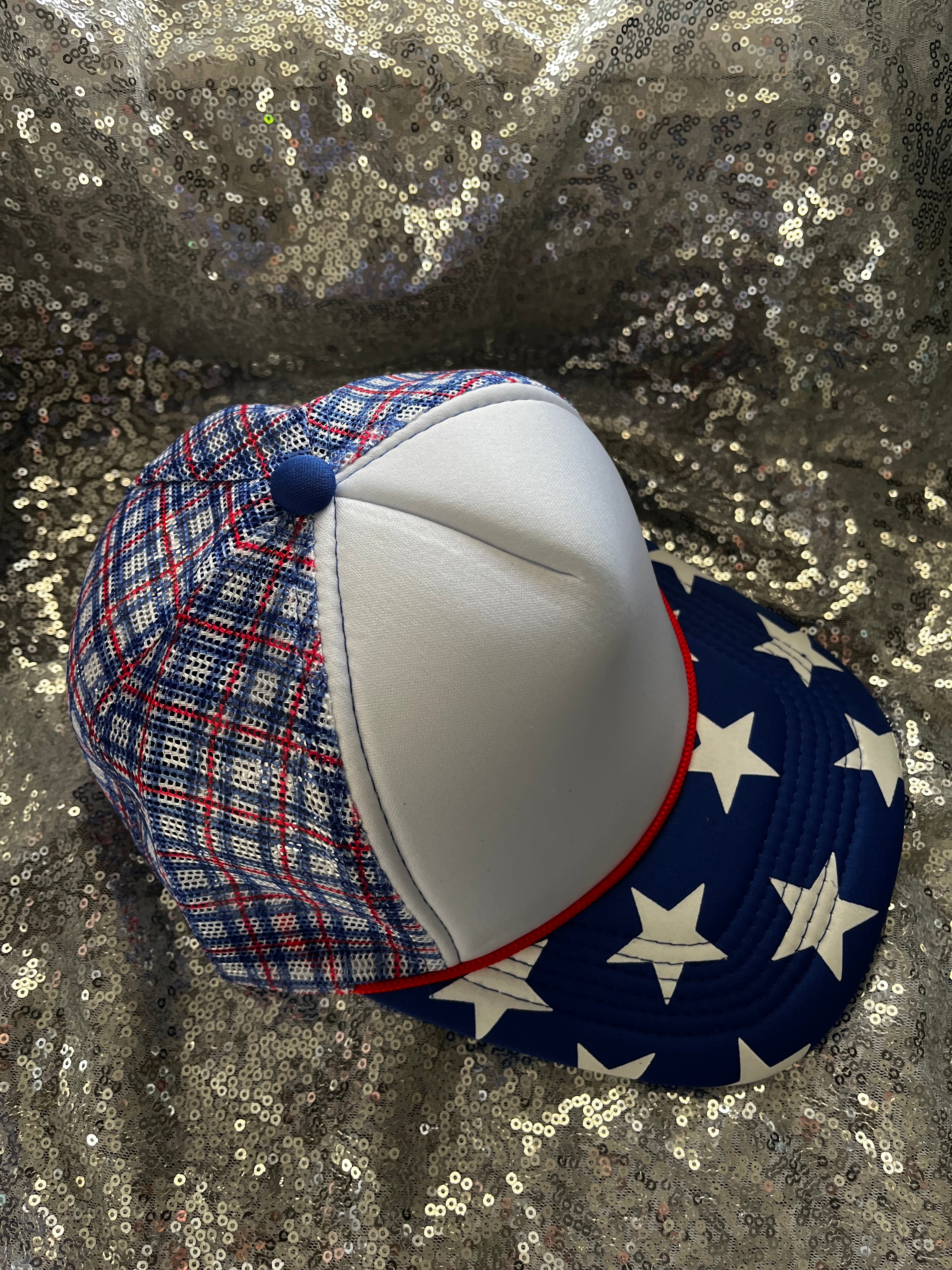 Star/Plaid Trucker Hat: Blue
