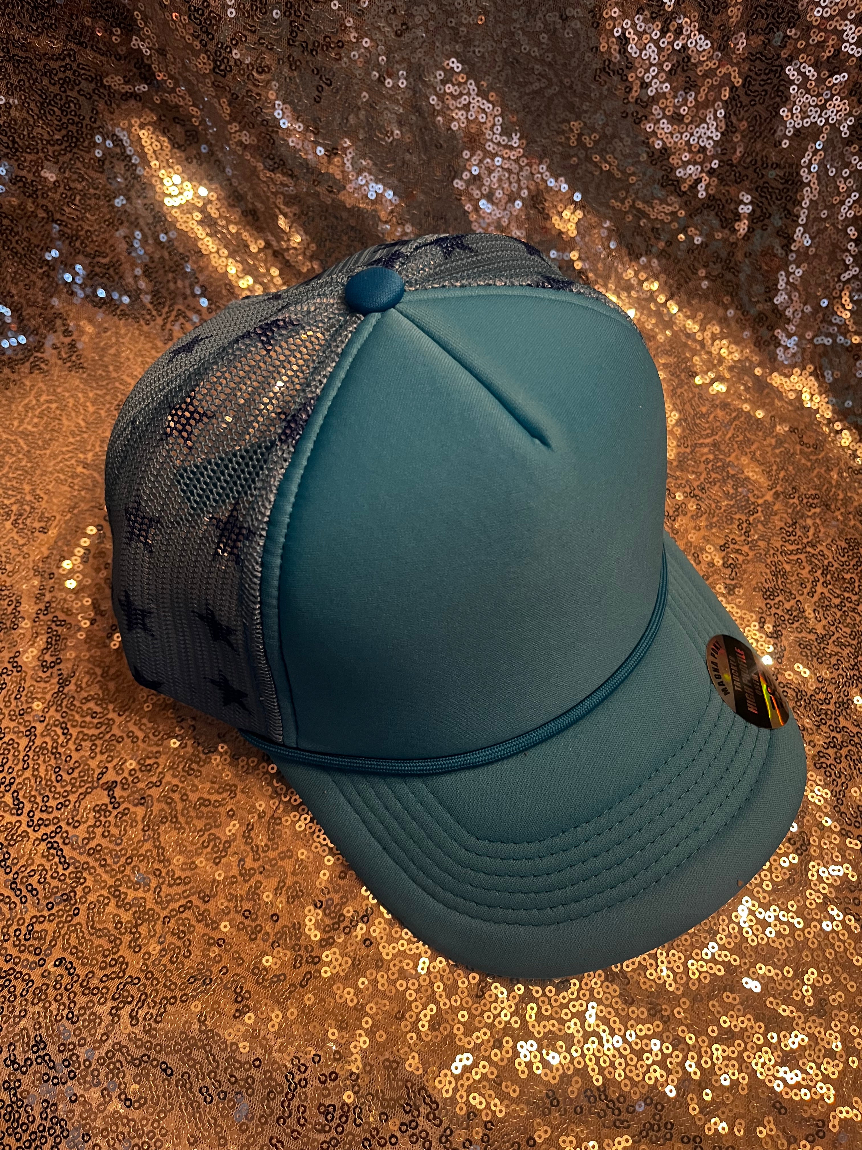 Neon Blue Star Printed Mesh Trucker Cap: Magna Pony