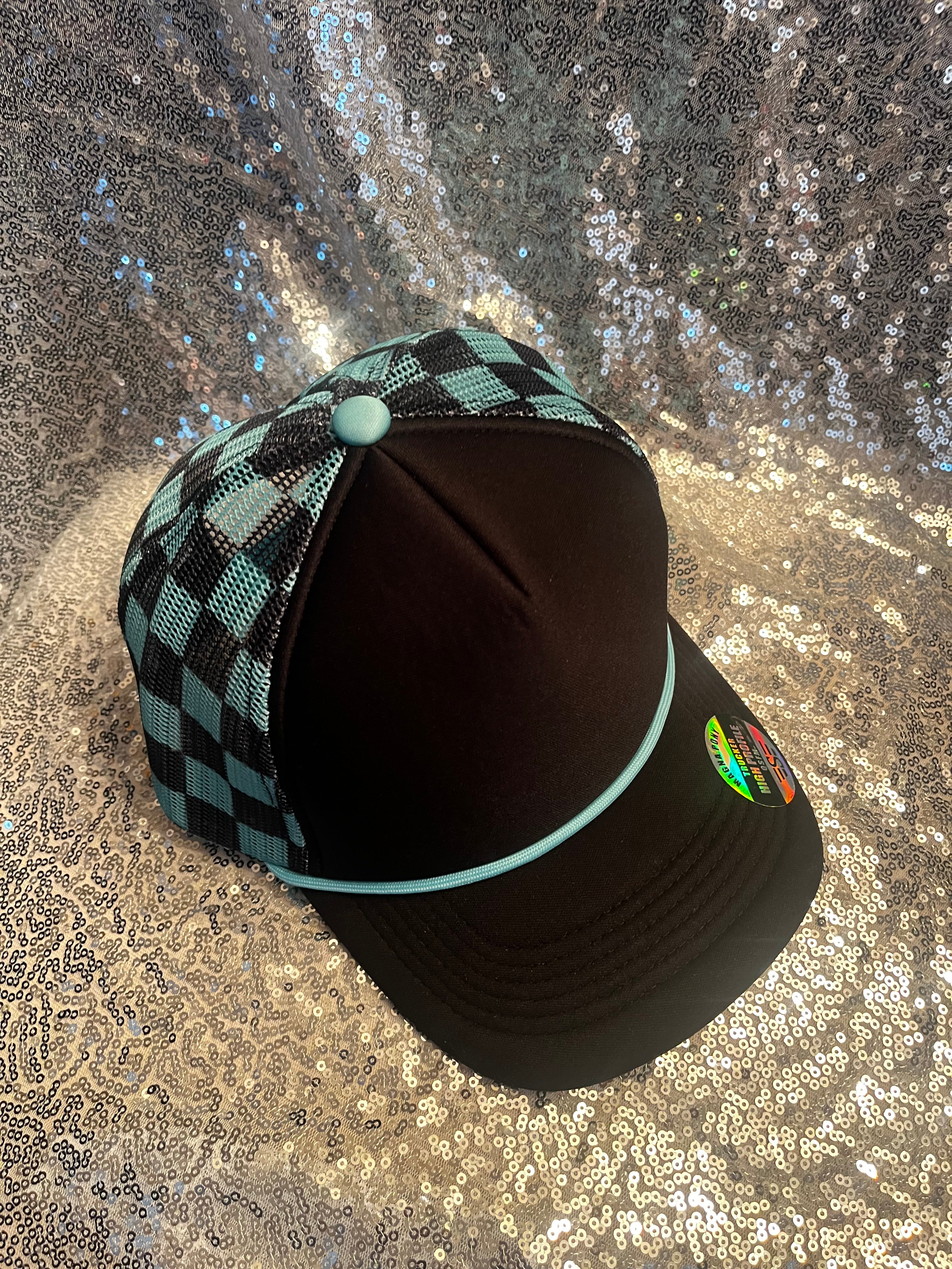Checkered Magna Pony® Mesh Foam Trucker Hat: Black/ Turquoise