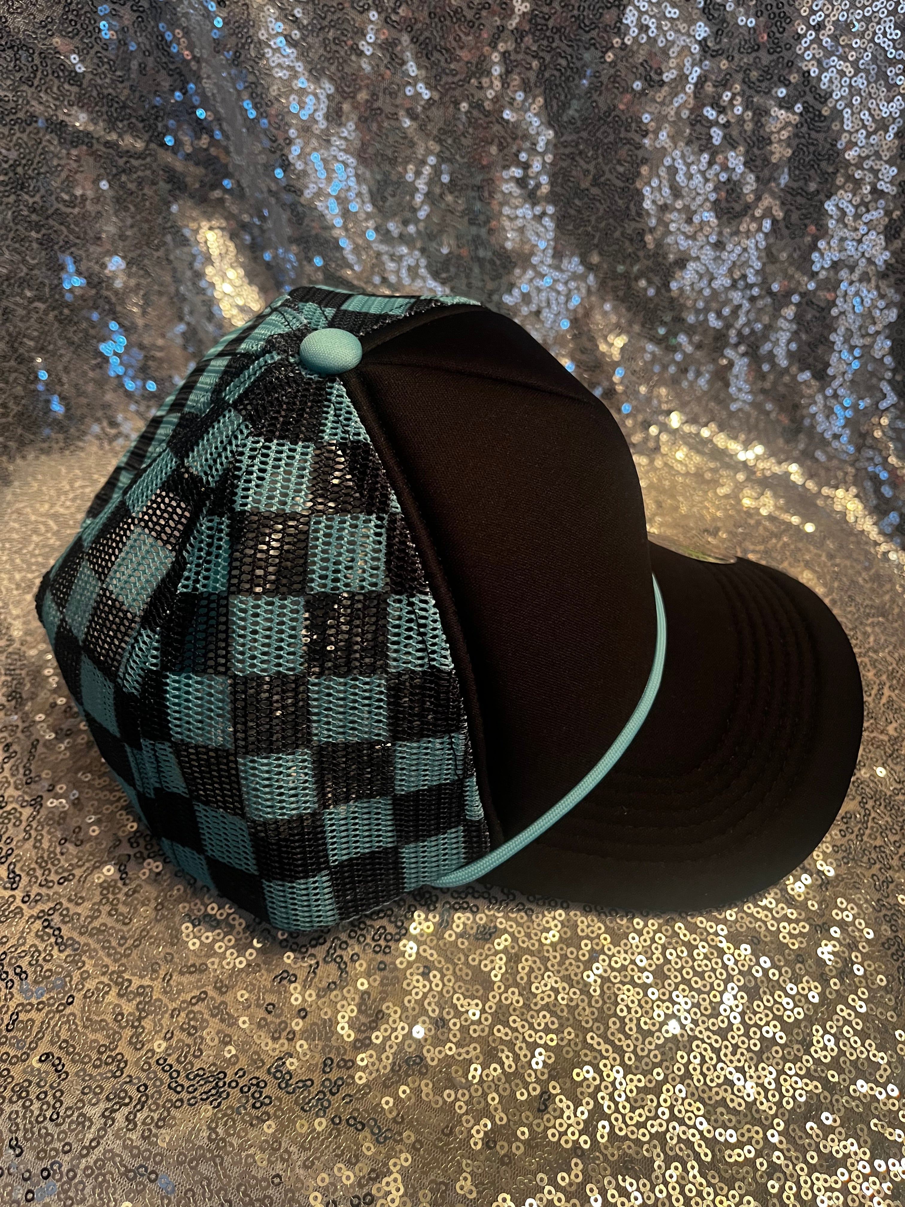 Checkered Magna Pony® Mesh Foam Trucker Hat: Black/ Turquoise