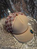 Checkered Magna Pony® Mesh Foam Trucker Hat: Cream/ Carmel