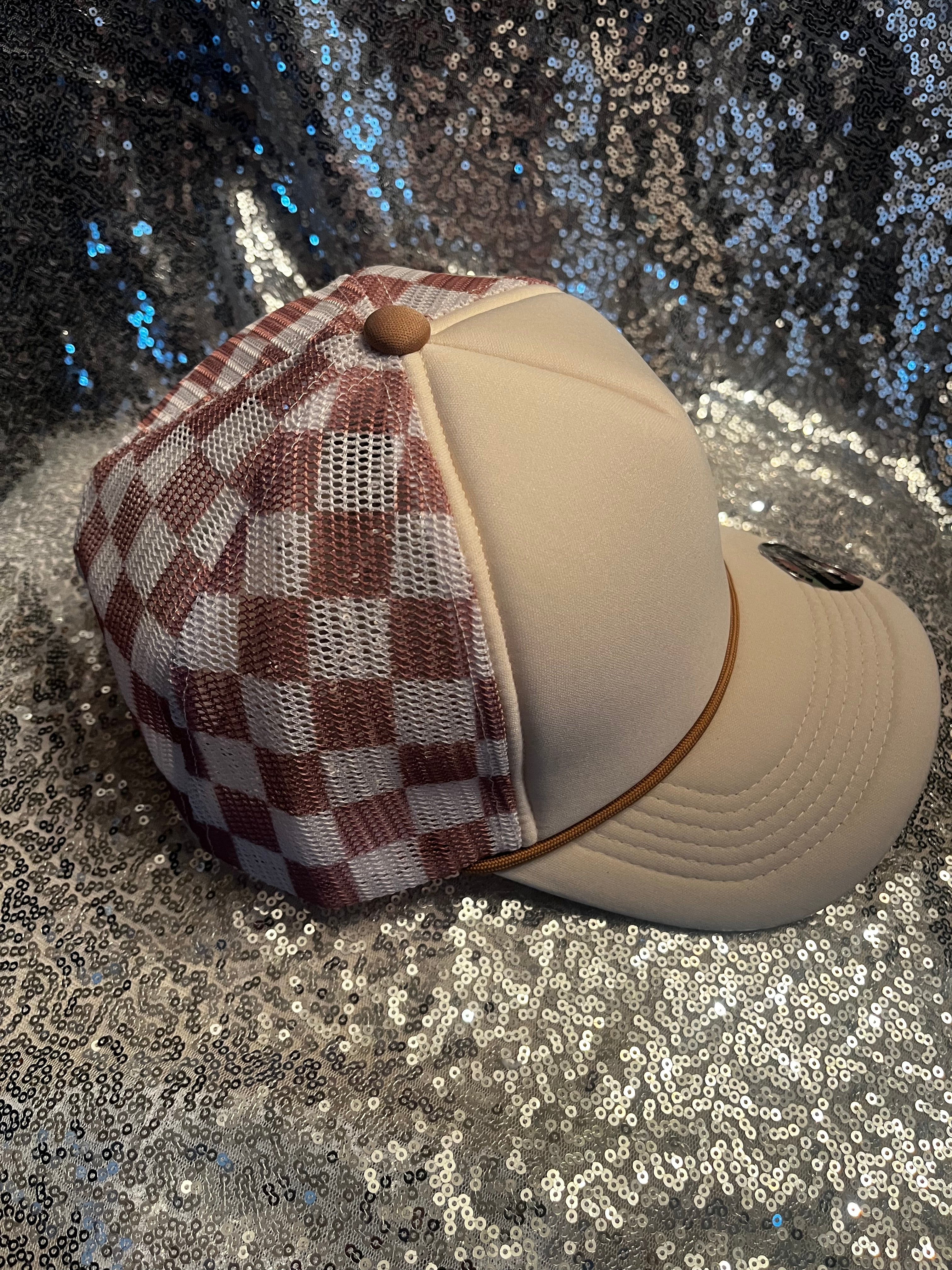 Checkered Magna Pony® Mesh Foam Trucker Hat: Cream/ Carmel