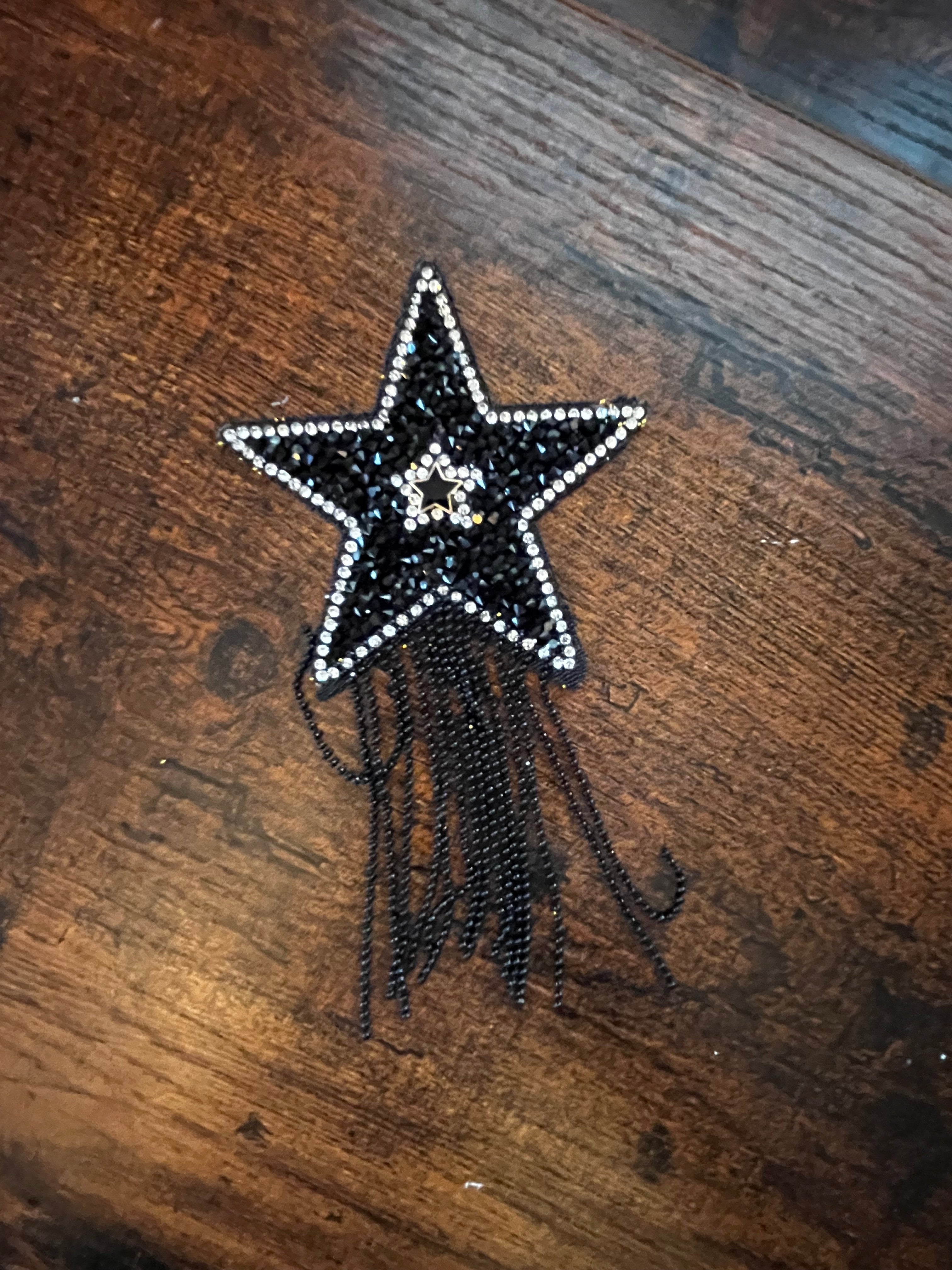 Black Rhinestone Star Hat Patch with Chain