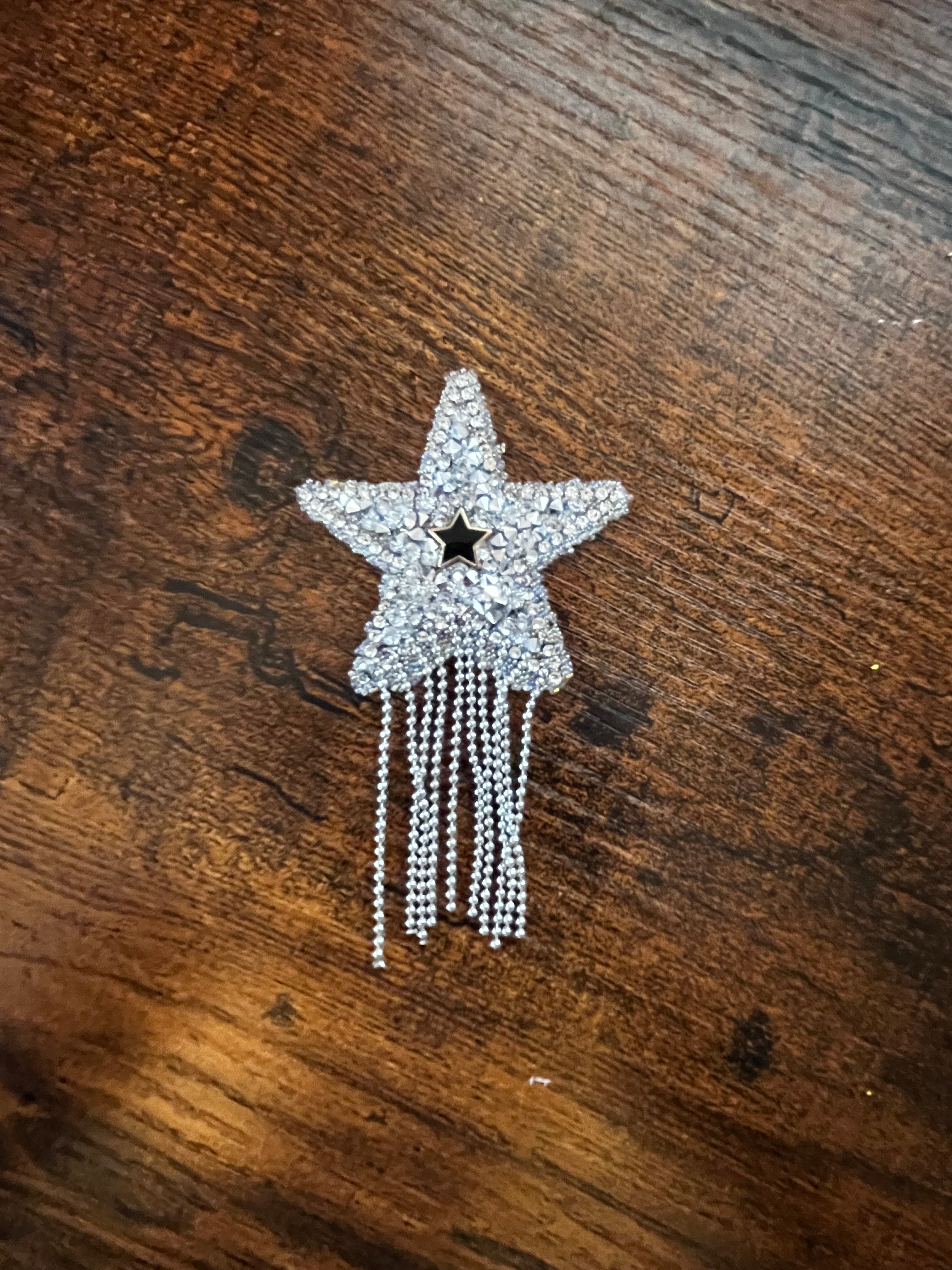 Silver Rhinestone Star Hat Patch with Chain